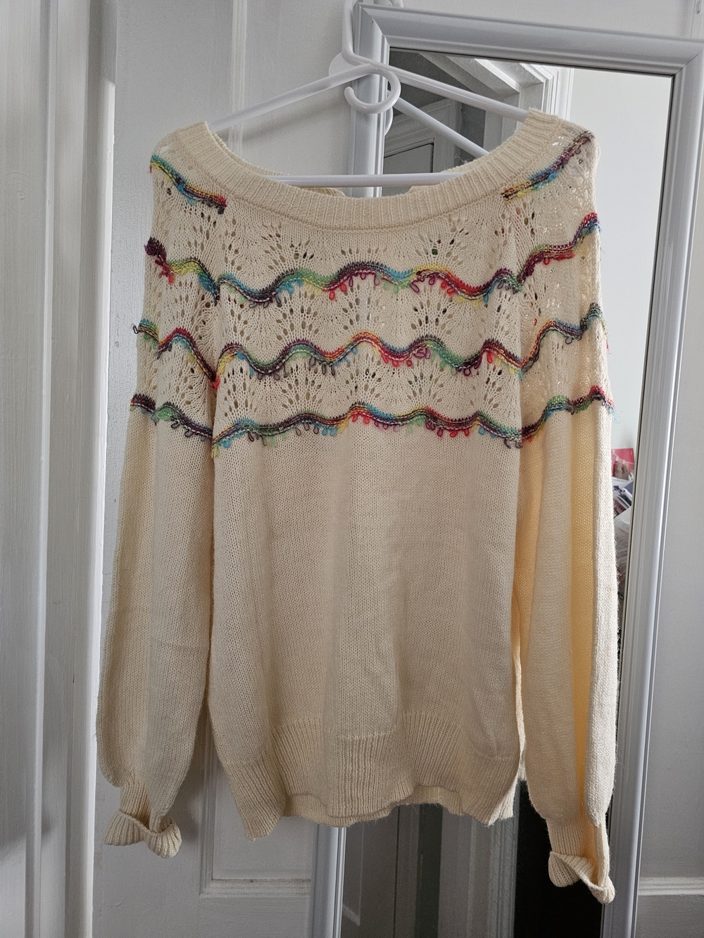 Cream Knit Sweater with Multicolor Wave Detail